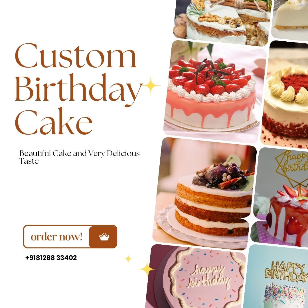 Custom birthday cake promotion banner showing different decorated cakes including strawberry cake, cream cake, and layered birthday cakes for celebration.