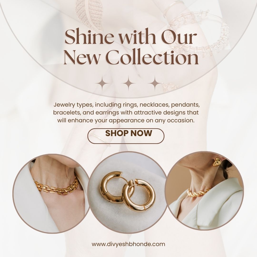 Luxury gold jewelry collection promotion showing gold necklace and hoop earrings with shop now button and elegant fashion styling.